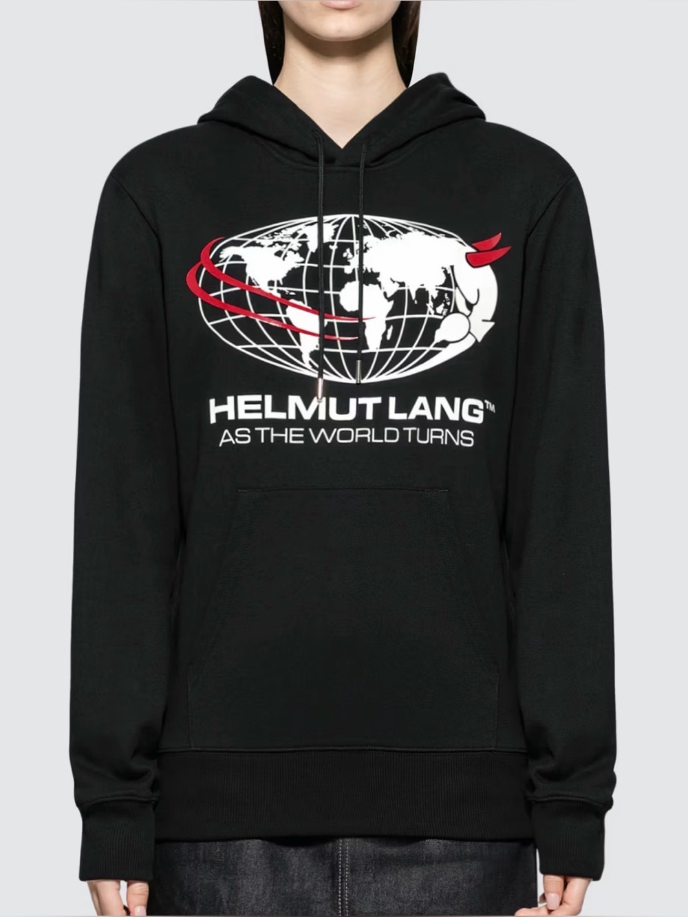 Helmut Lang Black Hoodie with White & Red Globe Graphic